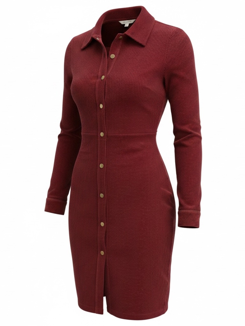 Vero Moda Ribbed Button-Front Long Sleeve Dress - Burgundy